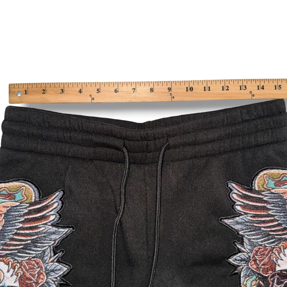 Rebel Vengeance Sweat Shorts Mens Medium Black‎ Embroidered Skull Eagle Gothic